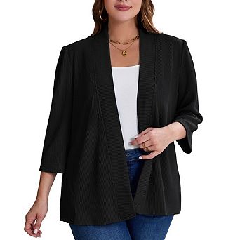 Women's Plus Size Puff Sleeve Cardigan Open Front Casual 3/4 Sleeve