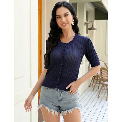 Womens Short Sleeve Lightweight Crochet Cardigan Causal Cropped Button Drown Summer Sweater Tops