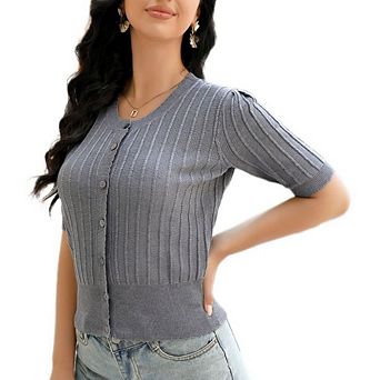 Womens Short Sleeve Lightweight Crochet Cardigan Causal Cropped Button Drown Summer Sweater Tops