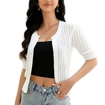 Womens Short Sleeve Lightweight Crochet Cardigan Causal Cropped Button Drown Summer Sweater Tops