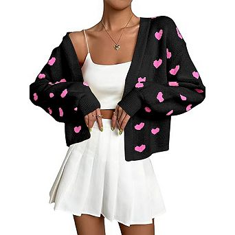 Women's Long Sleeve Floral Print Openg Front V Neck Knit Lantern Sleeves Y2k Sweater Cardigan