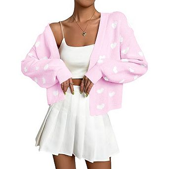 Women's Long Sleeve Floral Print Openg Front V Neck Knit Lantern Sleeves Y2k Sweater Cardigan