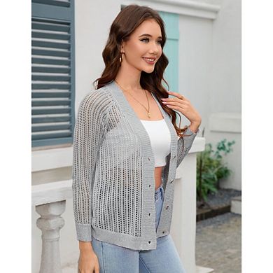 Womens Crochet Cardigan Sweater Long Sleeve Boho Solid Color Fall Button Down Outwear
