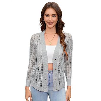 Womens Crochet Cardigan Sweater Long Sleeve Boho Solid Color Fall Button Down Outwear