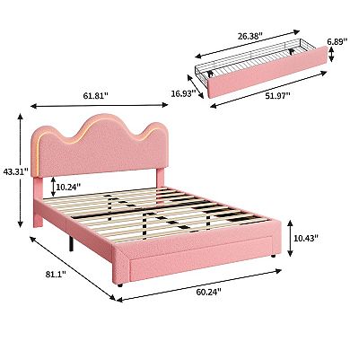 Boucle Upholstered Platform Bed, Adjustable Petal Headboard & Storage Drawer, Boucle Lamb Fleece