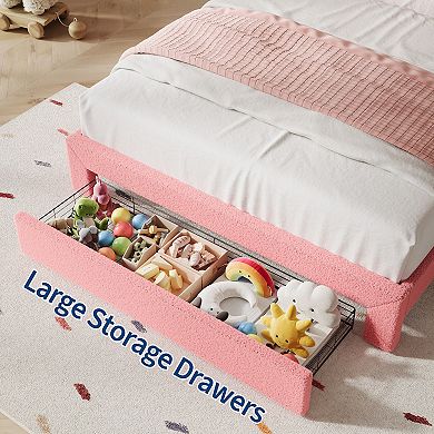 Boucle Upholstered Platform Bed, Adjustable Petal Headboard & Storage Drawer, Boucle Lamb Fleece