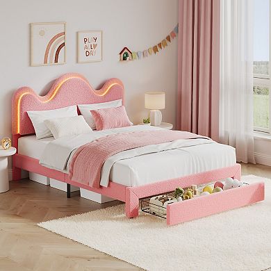 Boucle Upholstered Platform Bed, Adjustable Petal Headboard & Storage Drawer, Boucle Lamb Fleece