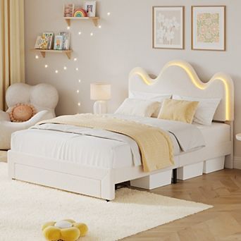 Boucle Upholstered Platform Bed, Adjustable Petal Headboard & Storage Drawer, Boucle Lamb Fleece