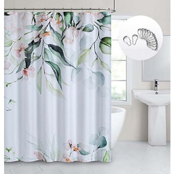 Dainty Home Florals 3D Textured Fabric Shower Curtain with 12 Metal Rollerball Hooks, 70" x 72"