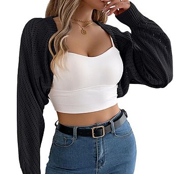 Women's Hollow Out Lantern Sleeve Sweaters Cardigan Open Front Knit Crop Top