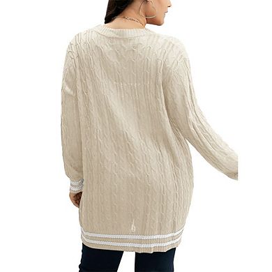 Women's Plus Size Cable Knit Cardigan Open Front Sweater Casual Long Sleeve Button Coats Outerwear