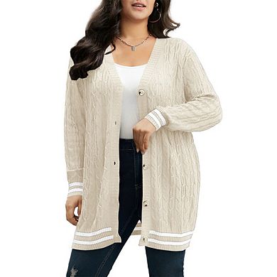 Women's Plus Size Cable Knit Cardigan Open Front Sweater Casual Long Sleeve Button Coats Outerwear