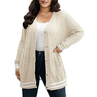 Women's Plus Size Cable Knit Cardigan Open Front Sweater Casual Long Sleeve Button Coats Outerwear