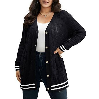 Women's Plus Size Cable Knit Cardigan Open Front Sweater Casual Long Sleeve Button Coats Outerwear