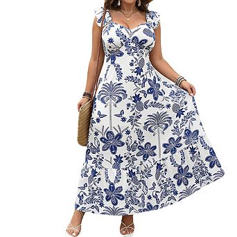 Womens Plus Size Square Neck Ruffled Sleeveless Maxi Dress Tie Waist Floral Casual Summer Dress