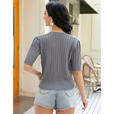 Womens Short Sleeve Lightweight Crochet Cardigan Causal Cropped Button Drown Summer Sweater Tops