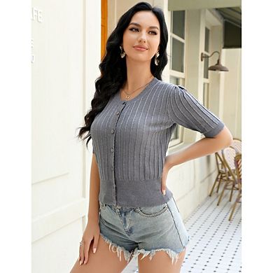 Womens Short Sleeve Lightweight Crochet Cardigan Causal Cropped Button Drown Summer Sweater Tops