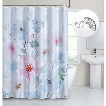 Dainty Home Spring Bloom 3D Textured Fabric Shower Curtain with 12 Metal Rollerball Hooks, 70" x 72"