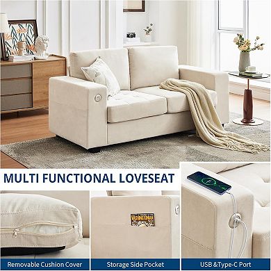 71" Modern Chenille Fabric Loveseat Sofa with USB & Type-c Charging Ports, Side Pocket