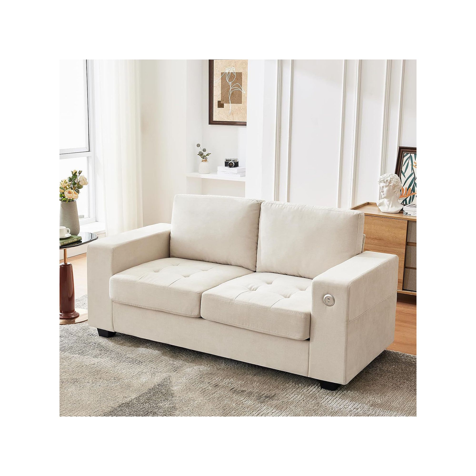 Light beige loveseat sofa with two back cushions and square arms