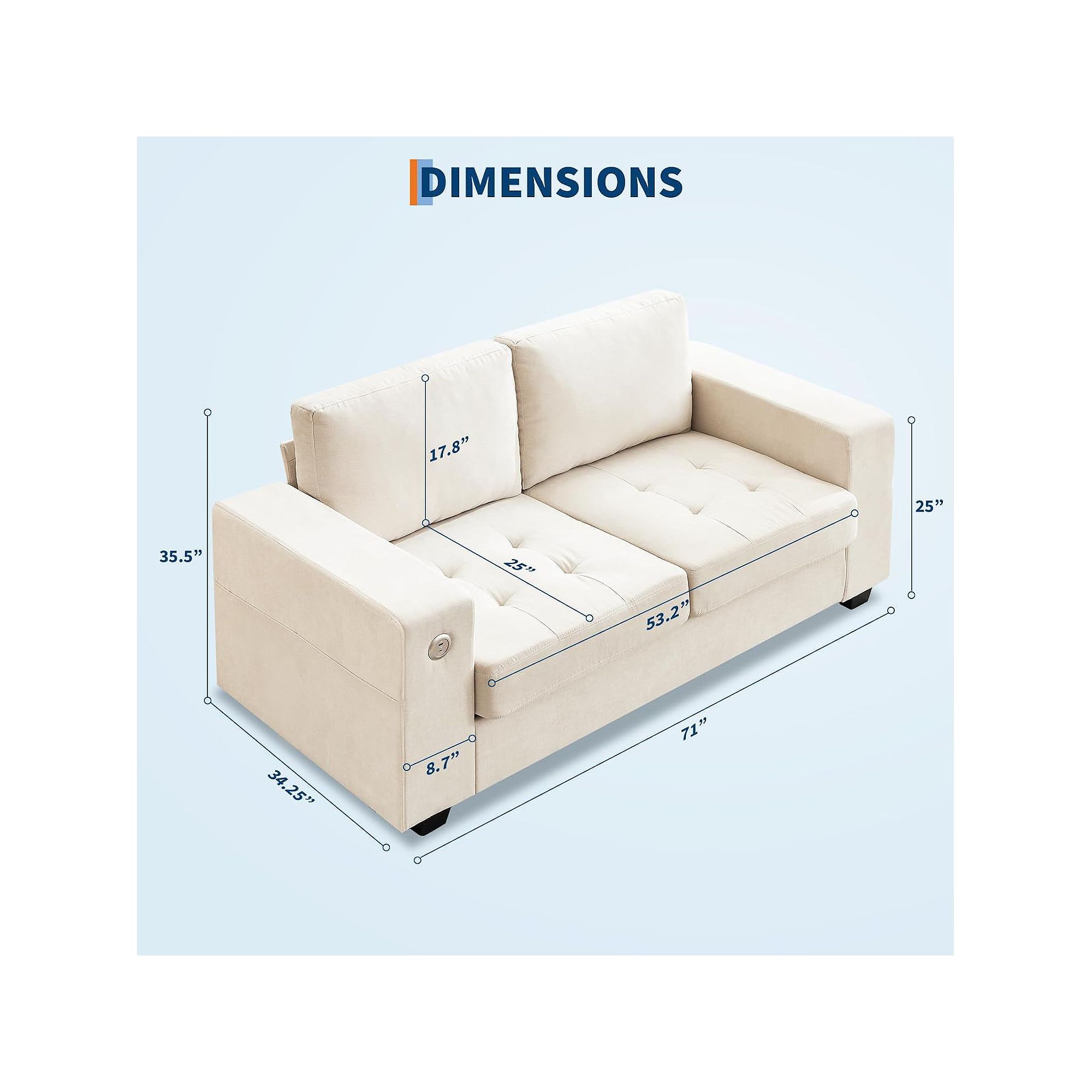 Loveseat dimensions diagram with height, width, and seat measurements