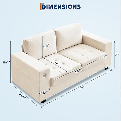 71" Modern Chenille Fabric Loveseat Sofa with USB & Type-c Charging Ports, Side Pocket