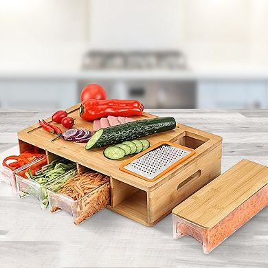 Cheer Collection Multi Functional Natural Wood Cutting Board with Graters and Storage Trays