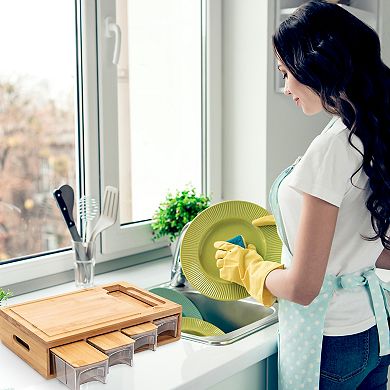 Cheer Collection Multi Functional Natural Wood Cutting Board with Graters and Storage Trays