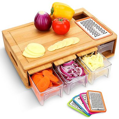 Cheer Collection Multi Functional Natural Wood Cutting Board with Graters and Storage Trays