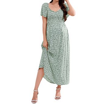 Women's Maternity Square Neck Short Sleeve Floral Maxi Dress Casual Pregnancy Dresses with Pocket