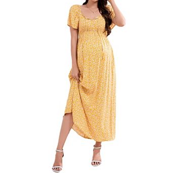 Women's Maternity Square Neck Short Sleeve Floral Maxi Dress Casual Pregnancy Dresses with Pocket