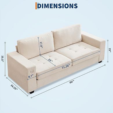90" Modern Chenille Fabric Loveseat Sofa with USB & Type-c Charging Ports, Side Pocket