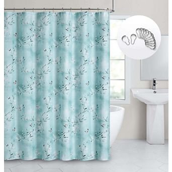 Dainty Home Cascading Florals 3D Textured Fabric Shower Curtain with 12 Rollerball Hooks, 70" x 72"