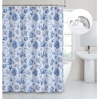 Dainty Home Seaside 3D Textured Fabric Shower Curtain with 12 Metal Rollerball Hooks, 70" x 72"