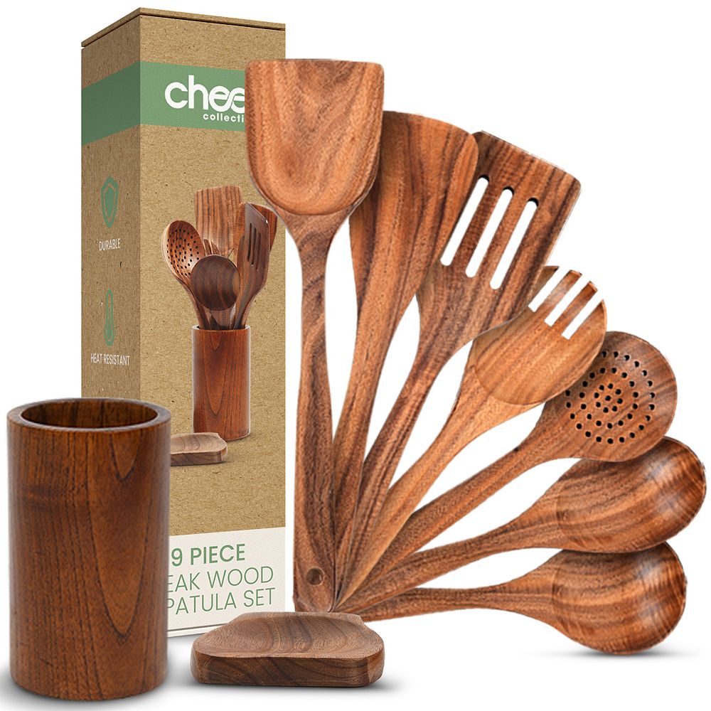 Cheer Collection 9 Piece Deluxe Wood Utensils Set with Holder and Spoon Rest for Cooking and Serving