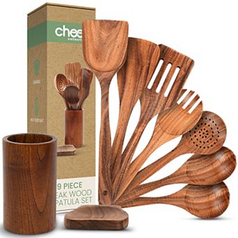 Cheer Collection 9 pc Deluxe Wood Utensils Set with Holder and Spoon Rest for Cooking and Serving