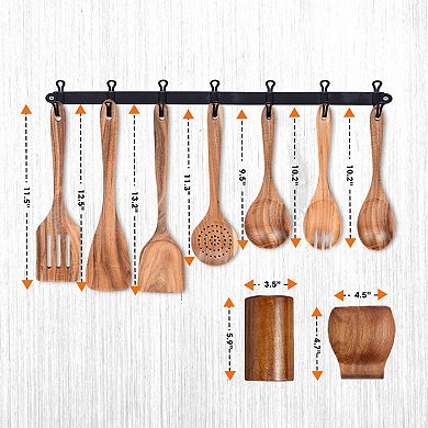 Cheer Collection 9 Piece Deluxe Wood Utensils Set with Holder and Spoon Rest for Cooking and Serving