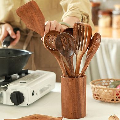 Cheer Collection 9 Piece Deluxe Wood Utensils Set with Holder and Spoon Rest for Cooking and Serving