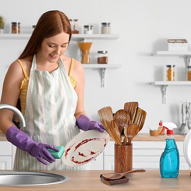 Cheer Collection 9 Piece Deluxe Wood Utensils Set with Holder and Spoon Rest for Cooking and Serving