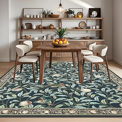 Boho Leaf Area Rugs with Soft Low Pile, Botanical Bird Washable Rug with Non-Slip Backing