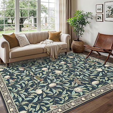 Boho Leaf Area Rugs with Soft Low Pile, Botanical Bird Washable Rug with Non-Slip Backing