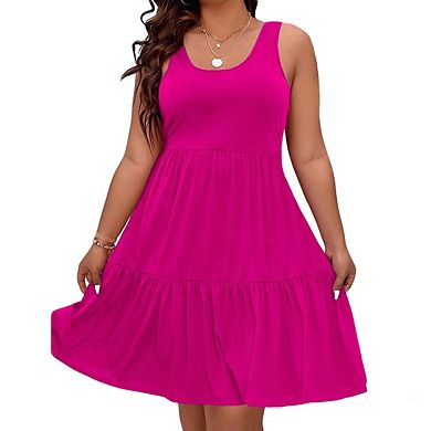 Women's Plus Size Mini Sundress Scoop Neck Sleeveless Tiered Ruffle Soft Casual Dress