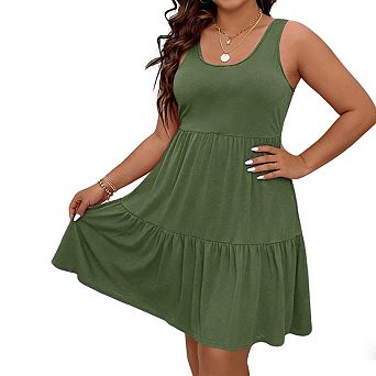 Women's Plus Size Mini Sundress Scoop Neck Sleeveless Tiered Ruffle Soft Casual Dress