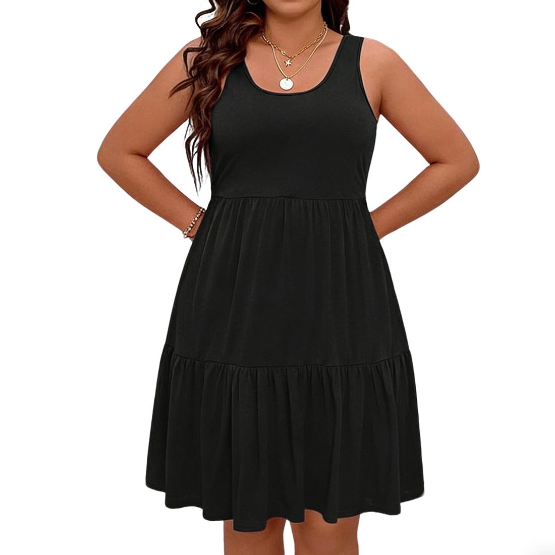 Женские платья Plus Size Mini Sundress Scoop Neck Sleeveless Tiered Ruffle Soft Casual Dress