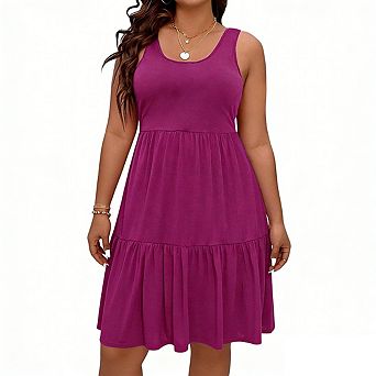Women's Plus Size Mini Sundress Scoop Neck Sleeveless Tiered Ruffle Soft Casual Dress