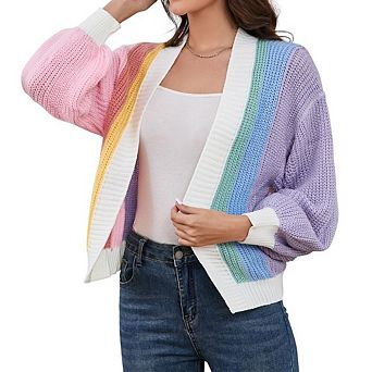 Women's Color Block Open Front Long Sleeve Ribbed Knit Cropped Cute Fall Cardigan Sweaters