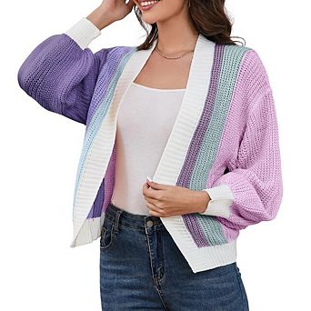 Women's Color Block Open Front Long Sleeve Ribbed Knit Cropped Cute Fall Cardigan Sweaters