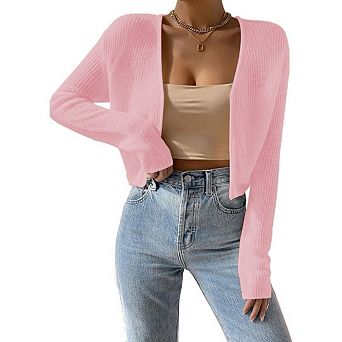 Women's Drop Shoulder Cropped Open Front Long Sleeve Button Up Knit Cardigan Sweater Lightweight