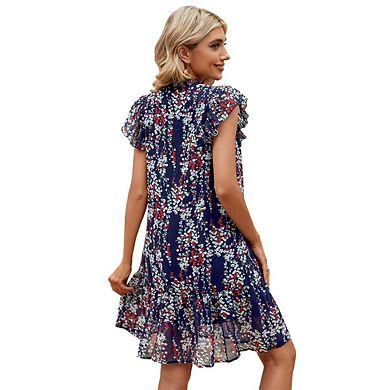 Women's Babydoll Mini Dress Summer V Neck Flutter Sleeve Boho Floral Flowy Shift Short Dress