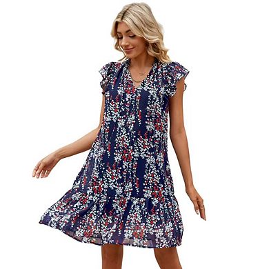 Women's Babydoll Mini Dress Summer V Neck Flutter Sleeve Boho Floral Flowy Shift Short Dress